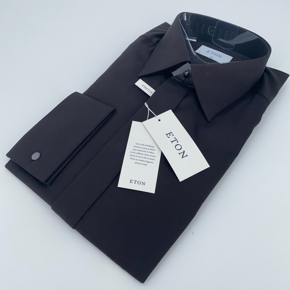 Eton Dress Shirt Men XL 17 - 43 Black Fine Twill Stretch Slim Collared Button Up